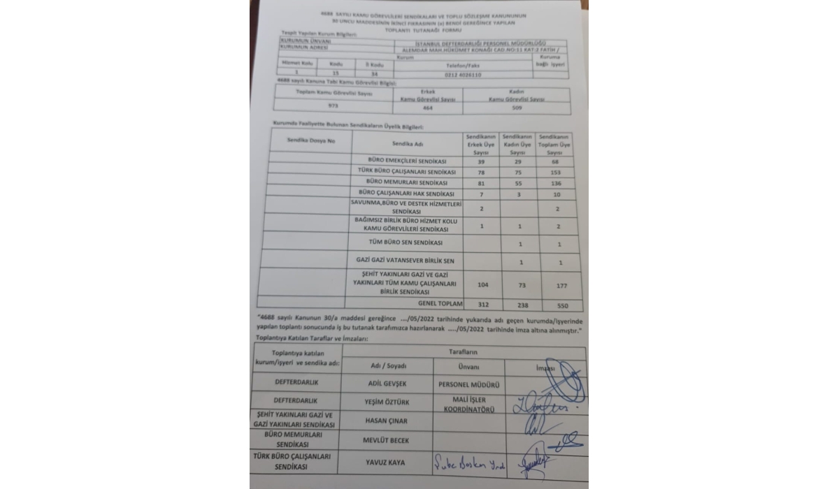 İstanbul Defterdarlığı'nda Yetkili Sendika Şehit Gazi Birlik Sendikası