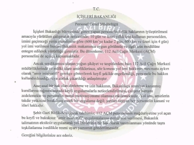 112 ACİL ÇAĞRI MERKEZİ PERSONELİNİN YOL İZNİ HAKKI ENGELLENEMEZ!